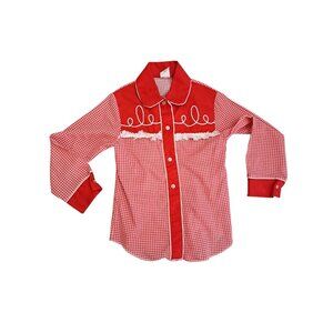 Vtg Sears Girls Red White Embroidered Western  Long Sleeve Shirt 6X Cotton Blend